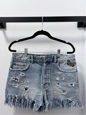 Zara Light Blue Distressed Denim Shorts with Butterfly Patch